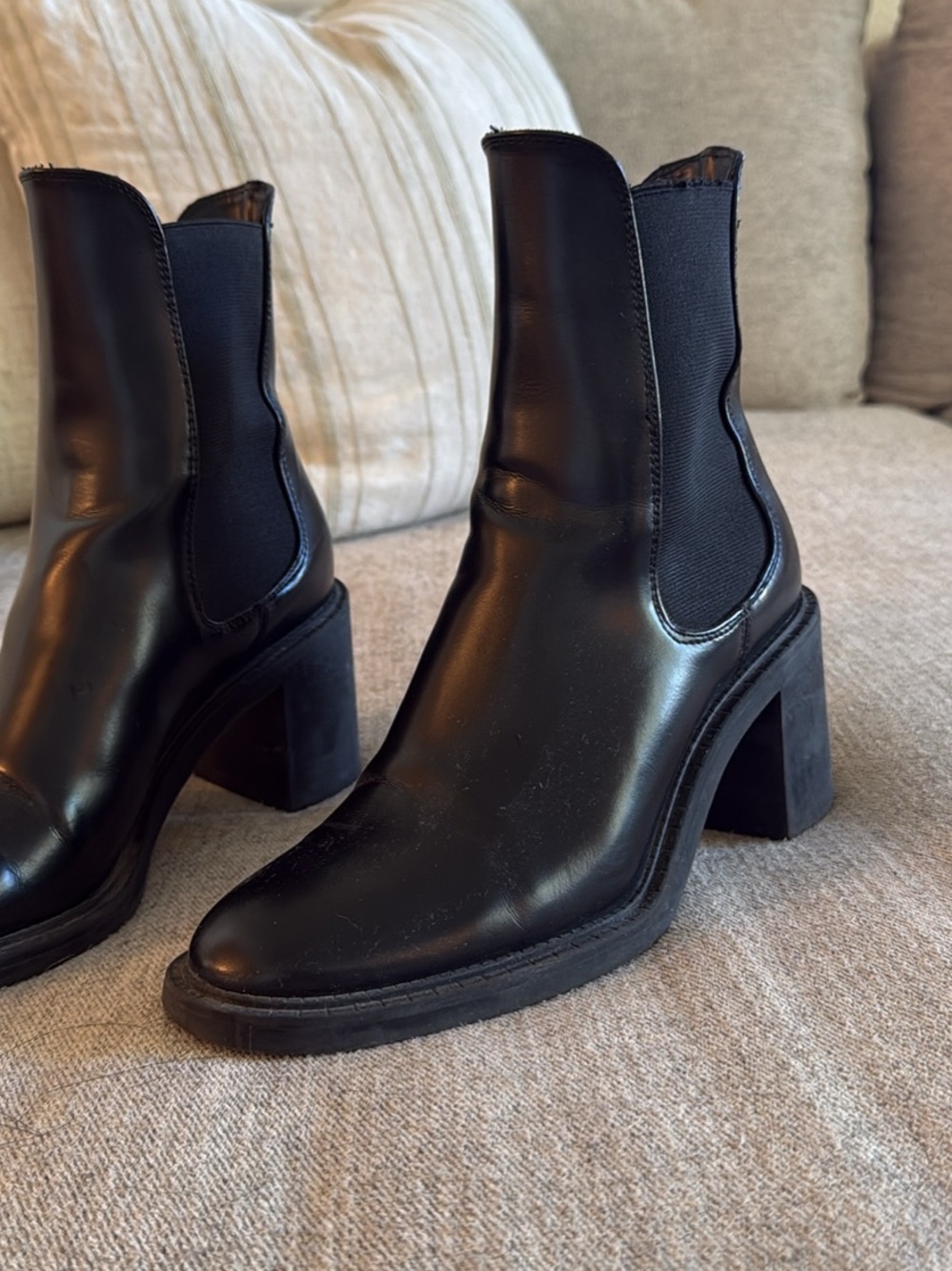 Zara Black Leather Chelsea Block Heel Ankle Boots